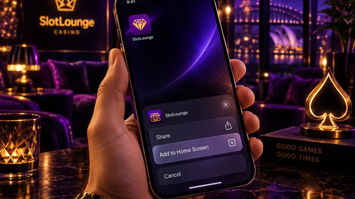 SlotLounge home screen icon installed on an Android phone next to the mobile lobby