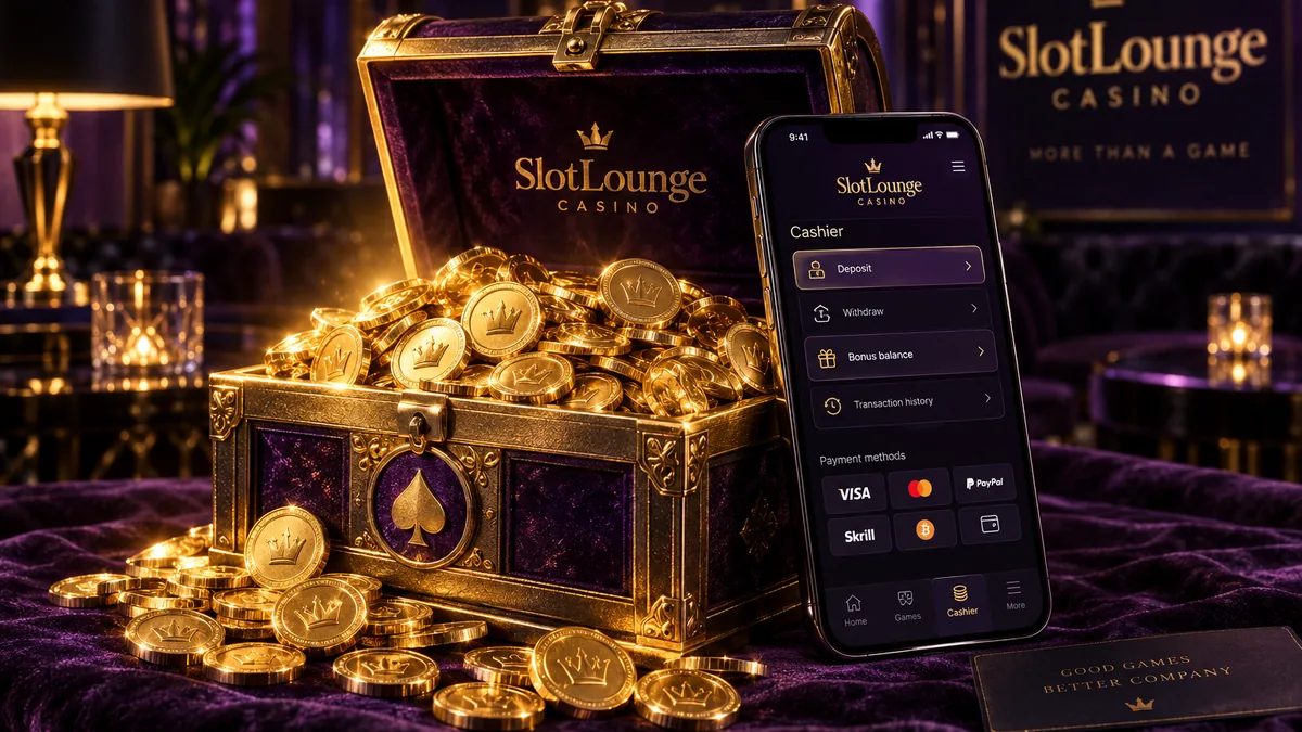 SlotLounge Casino four-tier welcome package for Australian players showing AU$22,500 total and 350 free spins