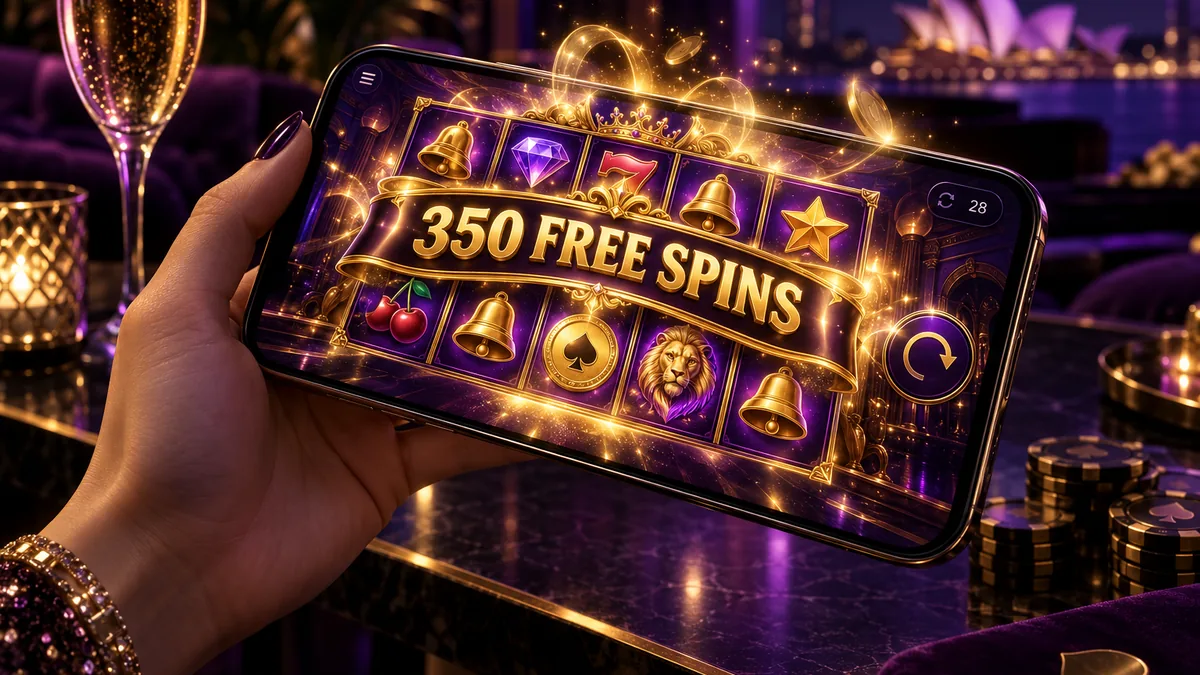 SlotLounge free spins offer showing 350 spins split across the first and third deposit tiers for Australian players