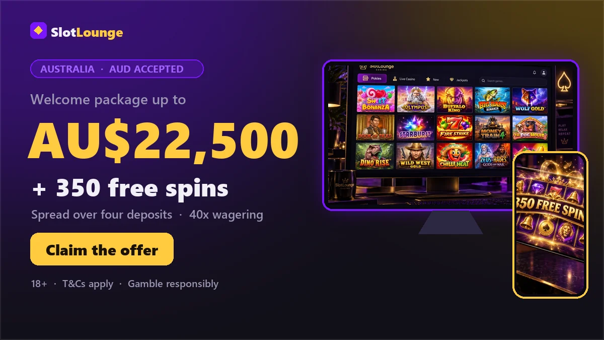SlotLounge Casino homepage shown on a desktop screen with the AU$22,500 welcome offer in Australian dollars