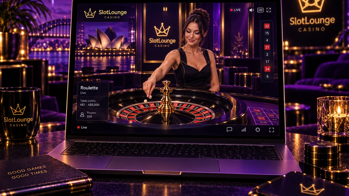 SlotLounge live casino lobby showing Evolution roulette and blackjack tables on a laptop screen at an Australian desk