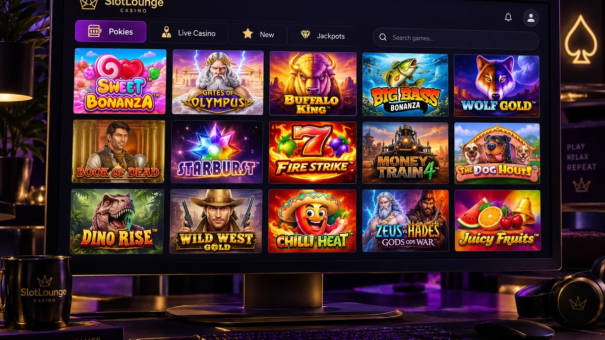 SlotLounge game lobby grid showing Pragmatic Play and Evolution titles filtered for Australian players