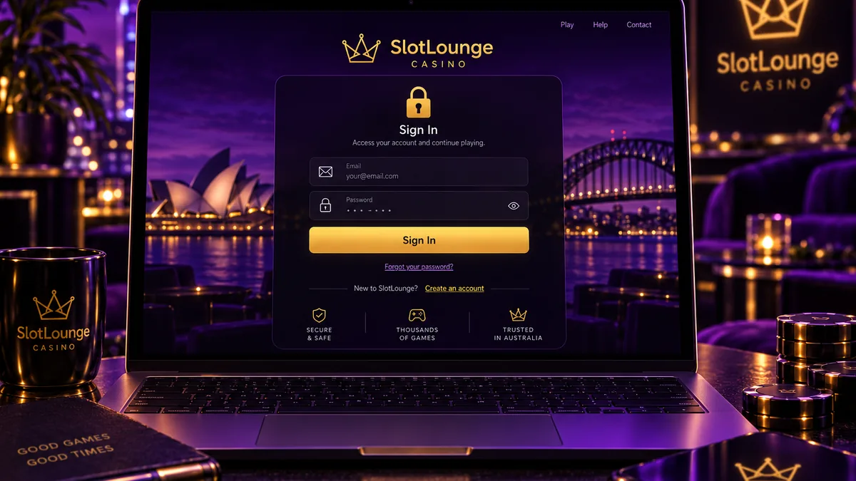 SlotLounge sign-in screen on desktop and mobile with password recovery and troubleshooting steps for Australian players