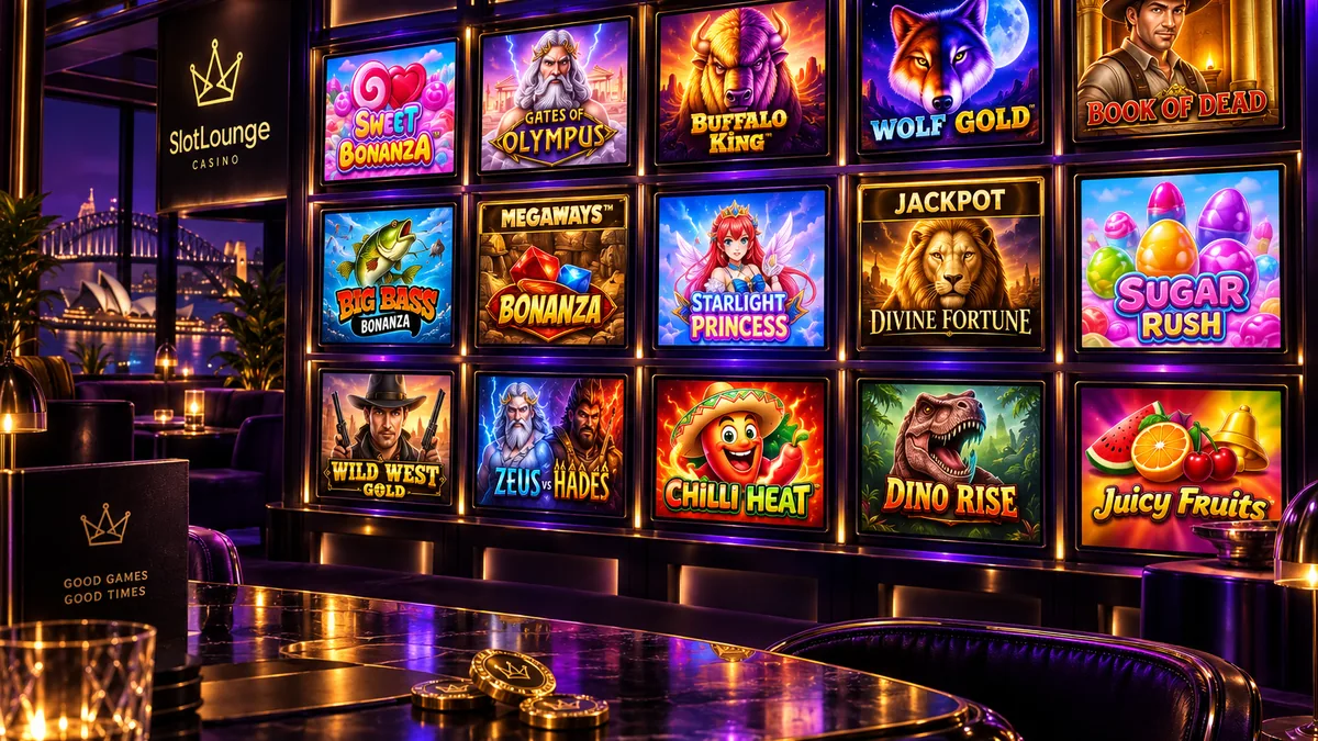 SlotLounge pokies lobby grid showing Pragmatic Play and Hacksaw Gaming game tiles with Australian dollar balances