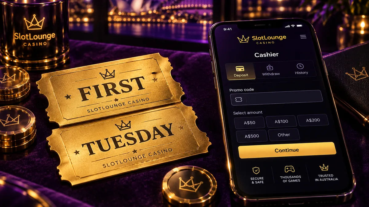 SlotLounge promo codes 2026 table for Australian players showing confirmed welcome ladder codes and the TUESDAY reload
