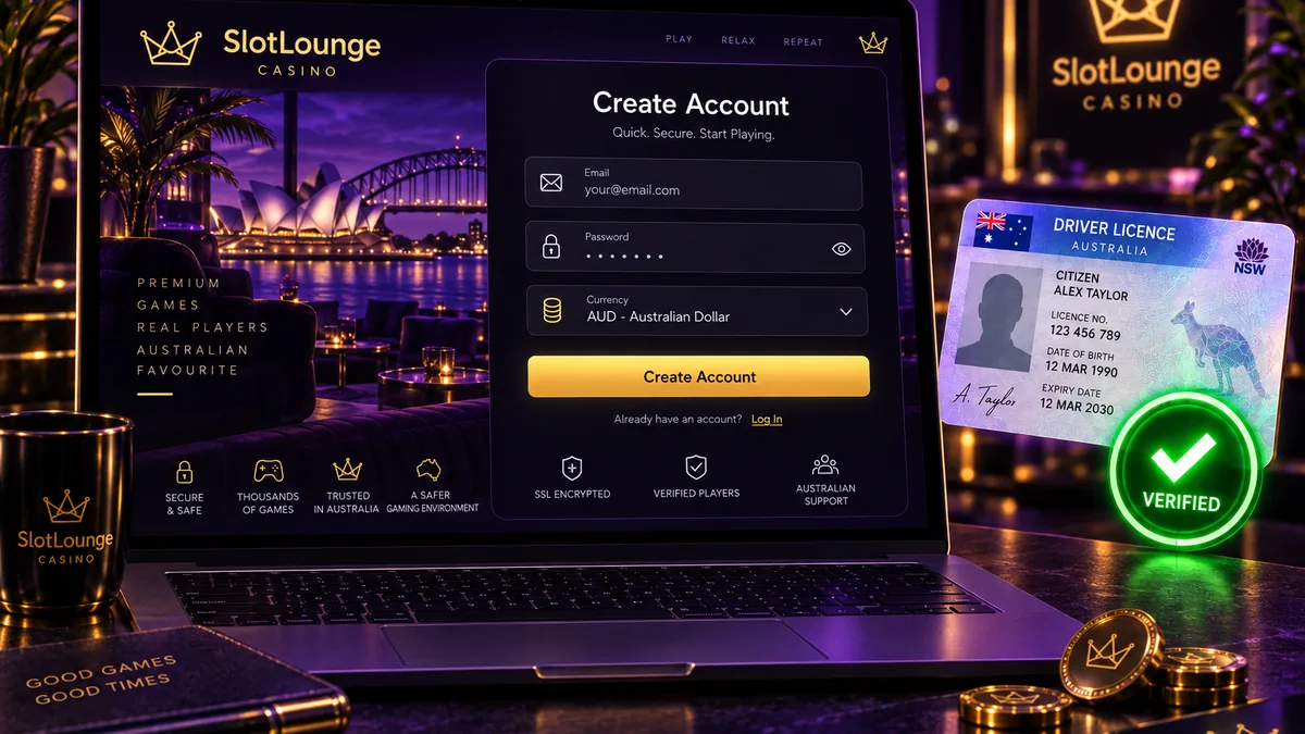 Australian player completing the SlotLounge registration form on a laptop with a driver licence beside the keyboard